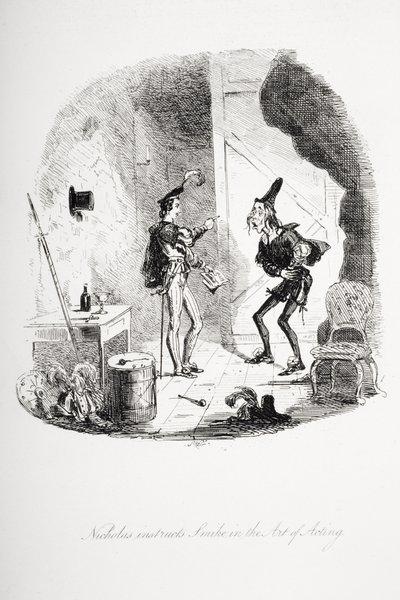 Nicholas onderwijst Smike in de kunst van acteren, illustratie uit 